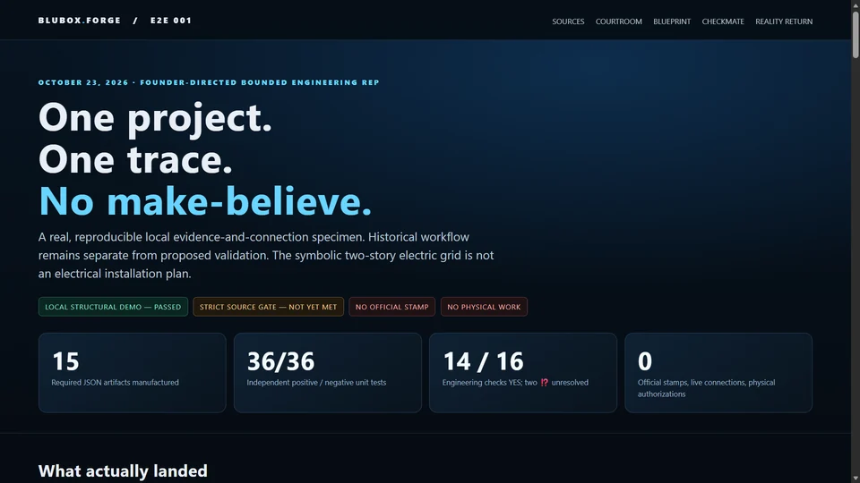 BluBox.Forge local engineering proof page with test counts and unresolved gates
