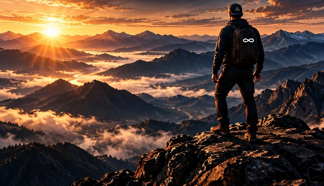 Concept art of a person standing on a mountain overlook at sunrise; this is not an authenticated photograph of Coopers Rock